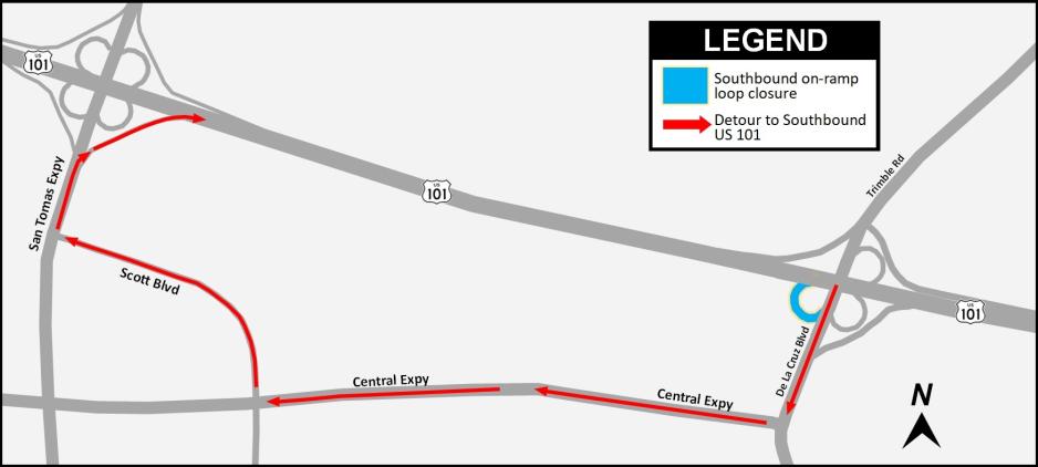 Detour Map: from Southbound De La Cruz Blvd. to Southbound US-101