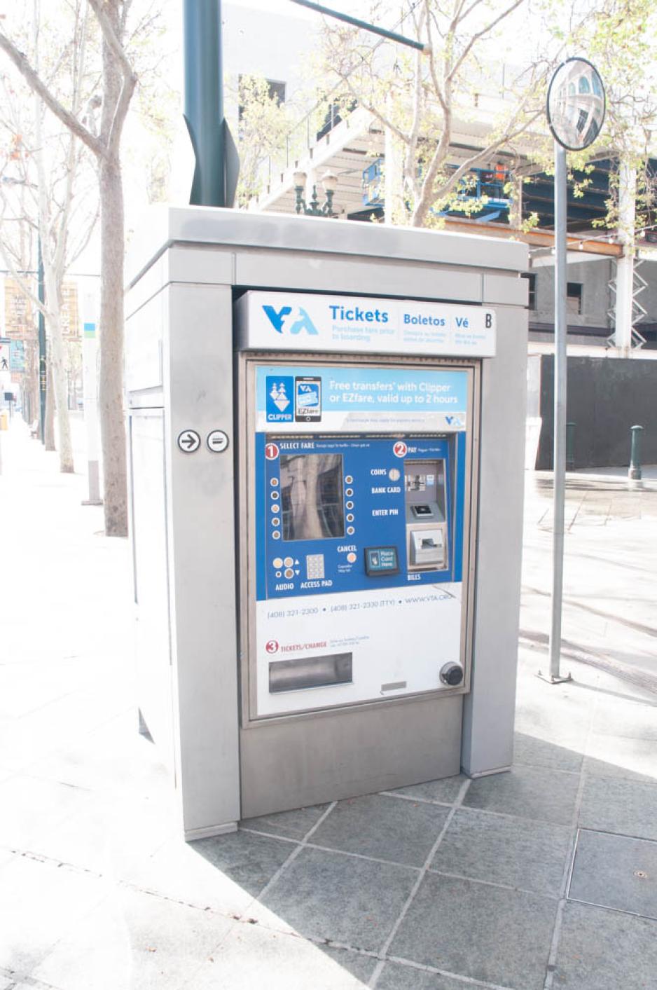 A photo of a ticket machine on a sidewalk to buy VTA tickets.