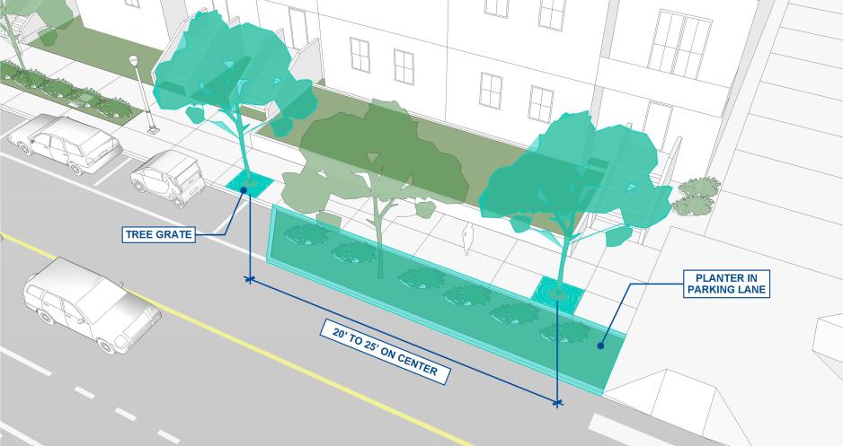 Diagram showing planting zone in parking lane, street trees placed 20 feet apart, and street tree grates.