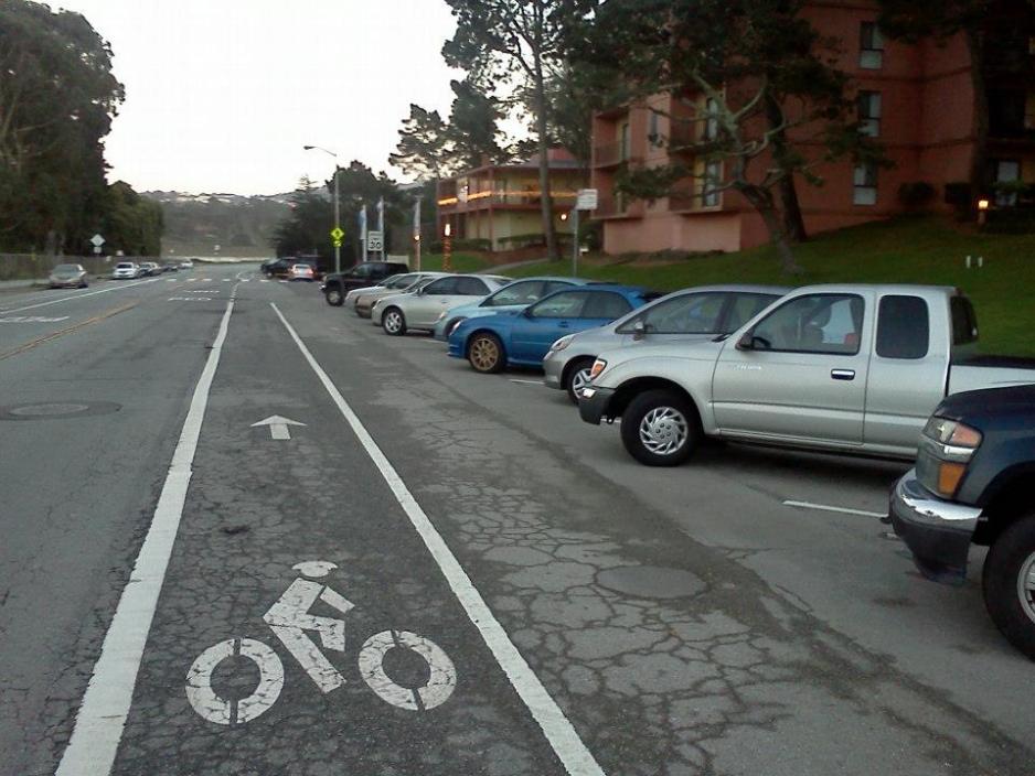 A photo of angled on-street parking next to a bike lane. 