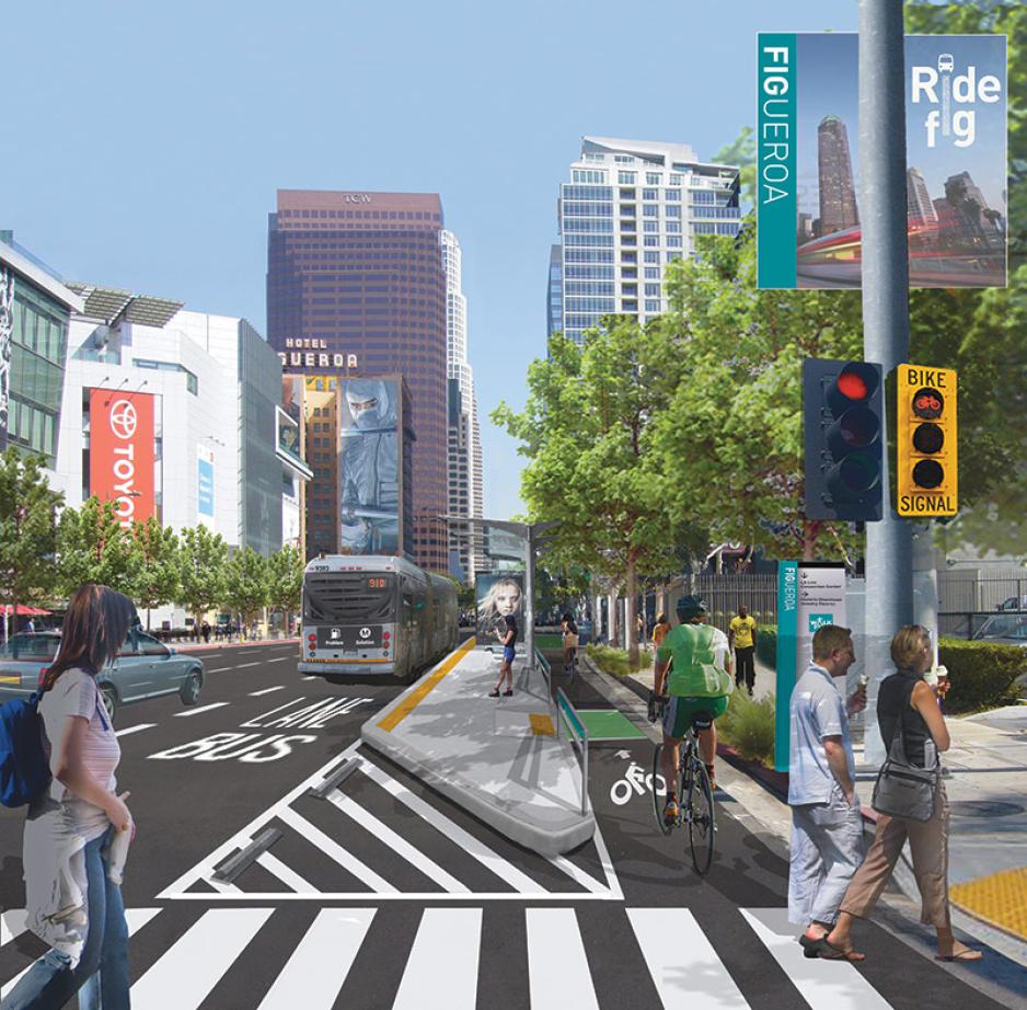 An illustration of a city block with a bus only lane, crosswalks, separated bike lane, and trees.