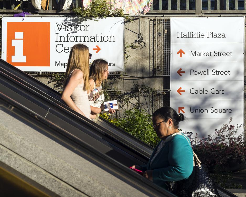 A photo of an escalator with a large sign on the wall with arrows pointing to key destinations (major streets, cable cars, union square)