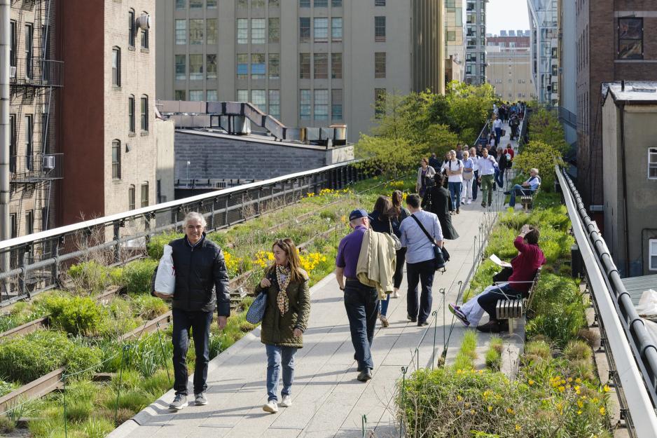 A photo of an elevated linear park with plants and seating on the sides and a walkway in the middle.