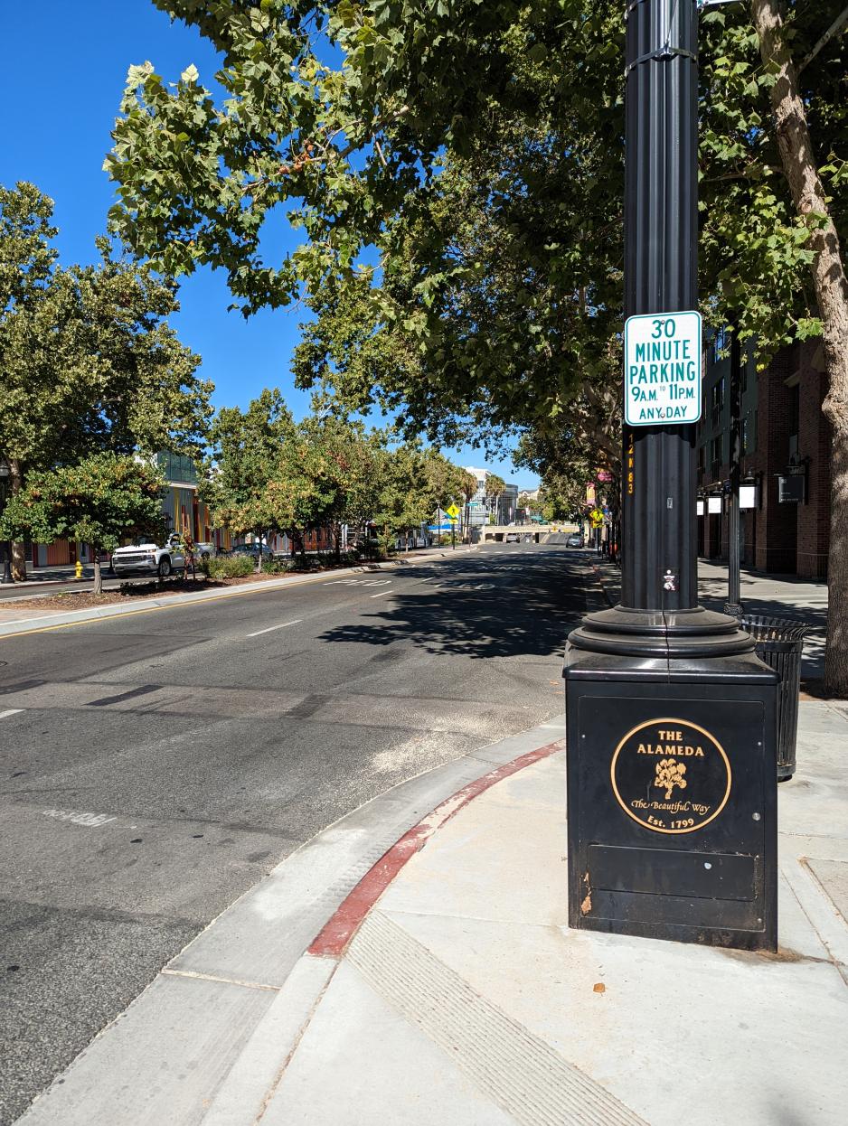 Photo of a sign limiting parking to 30 minutes mounted on a street light with a street and trees in the background