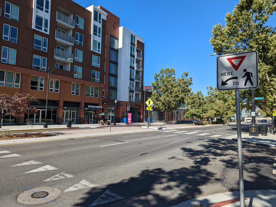 Photo of a street with a pedestrian crossing and warning signs to drivers with trees and a building