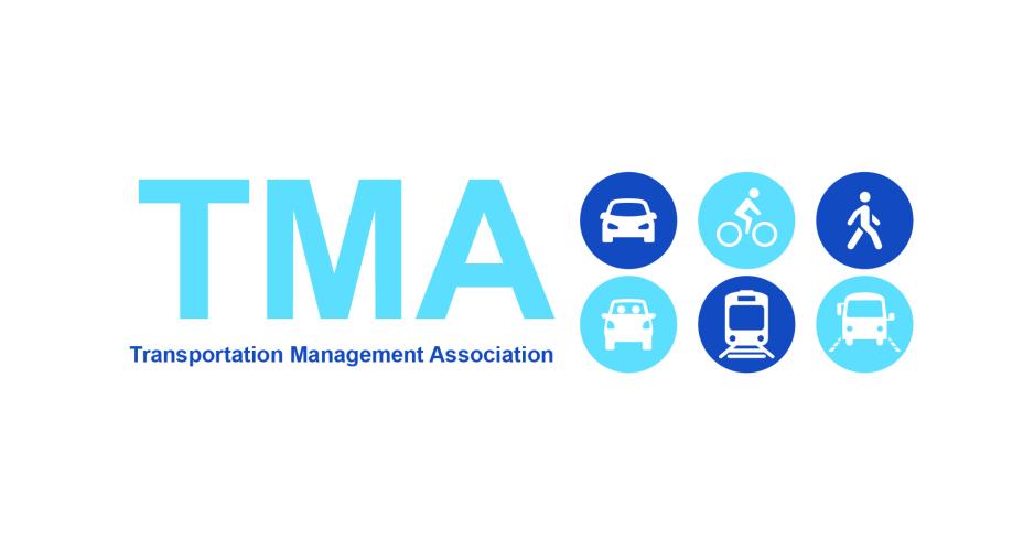 Graphic of a potential logo for a potential TMA with two different blue colors used for text and transportation-related icons
