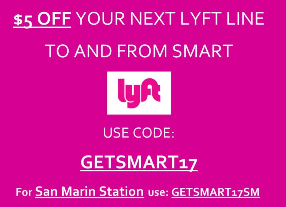 Graphic in pink showing coupon codes for Lyft rides to and from SMART stations