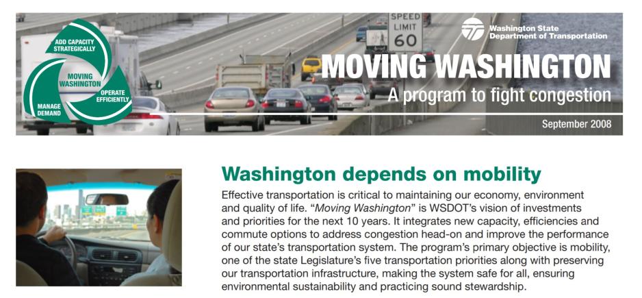 Graphic showing information about the Washington State program including text explanations and photos of a freeway and of people driving in a car