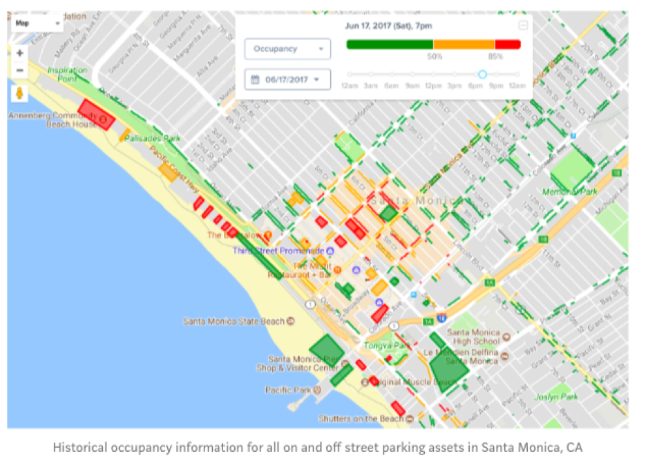 Graphic showing occupancy information for on street parking in Santa Monica with green, orange, and red lines