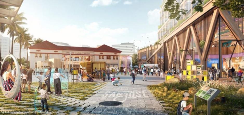 Graphic of an artists rendering of the future Diridon area with taller and interesting buildings, landscaping, people walking, a person on a swing, and kids drawing on the ground with chalk