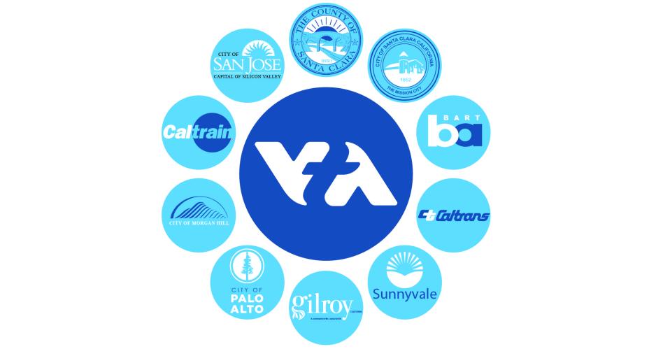 Graphic of VTA logo in a large blue circle surrounded by smaller light blue circles with logos from other public agencies from around Santa Clara County