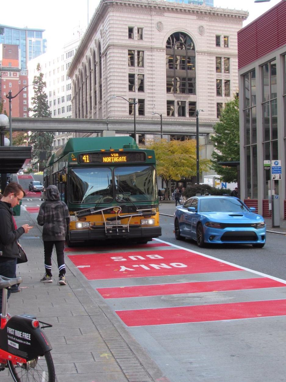 A photo of people waiting for a bus in a bus online lane.