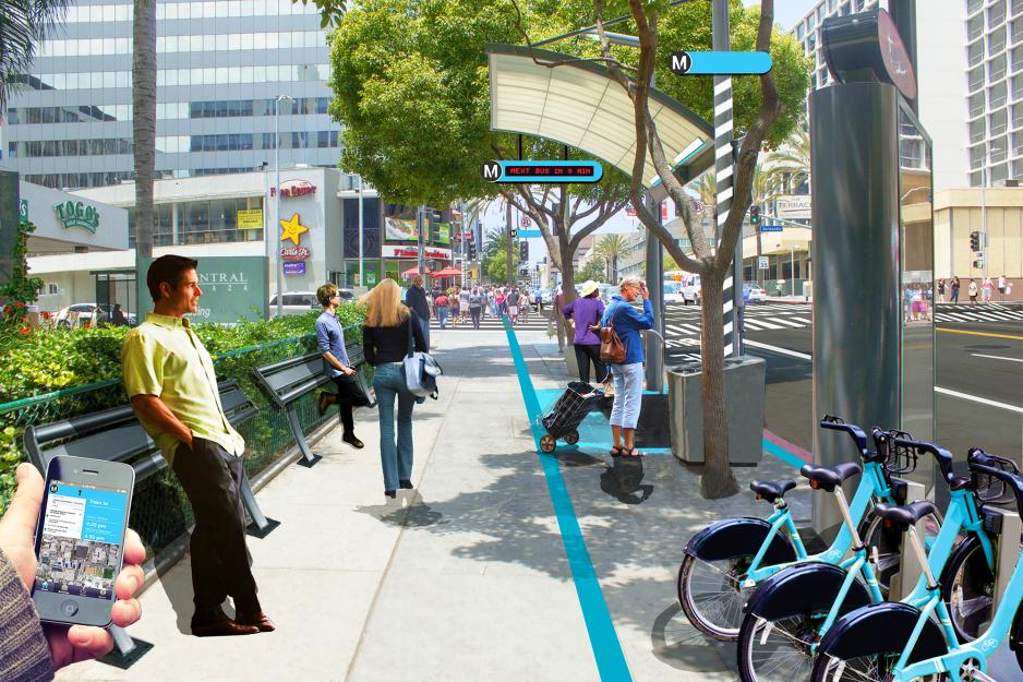 A illustration of people waiting at a bus stop with a bike rack, seating, and real time schedule.