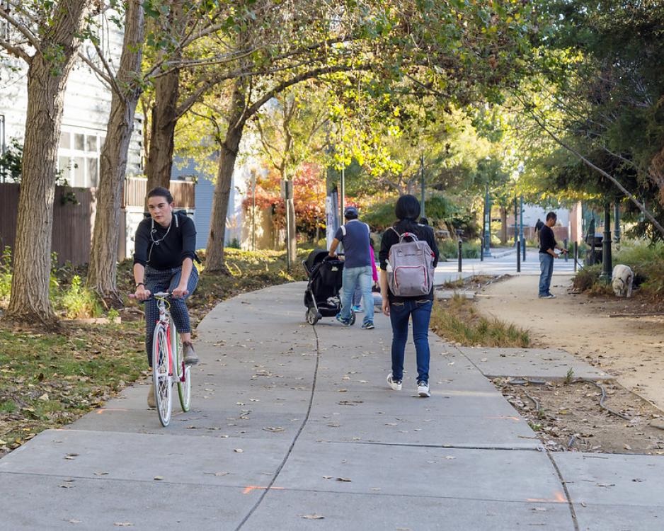 A photo of people walking, biking, and walking a dog on a sidewalk.