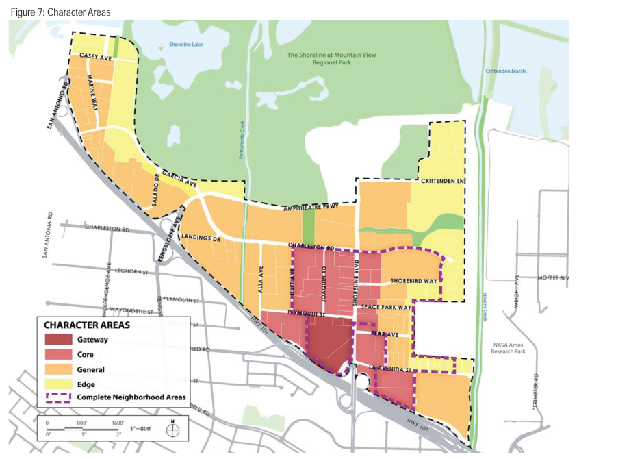 Graphic of a map of the North Bayshore Area of Mountain View with green, yellow, orange, and red areas