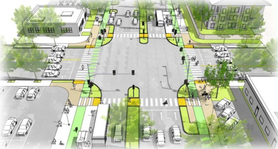 Graphic showing an artists rendering of a reconstructed intersection with landscaping on all four corners, short pedestrian crossing distances, separated bikeways, and cars and buses traveling