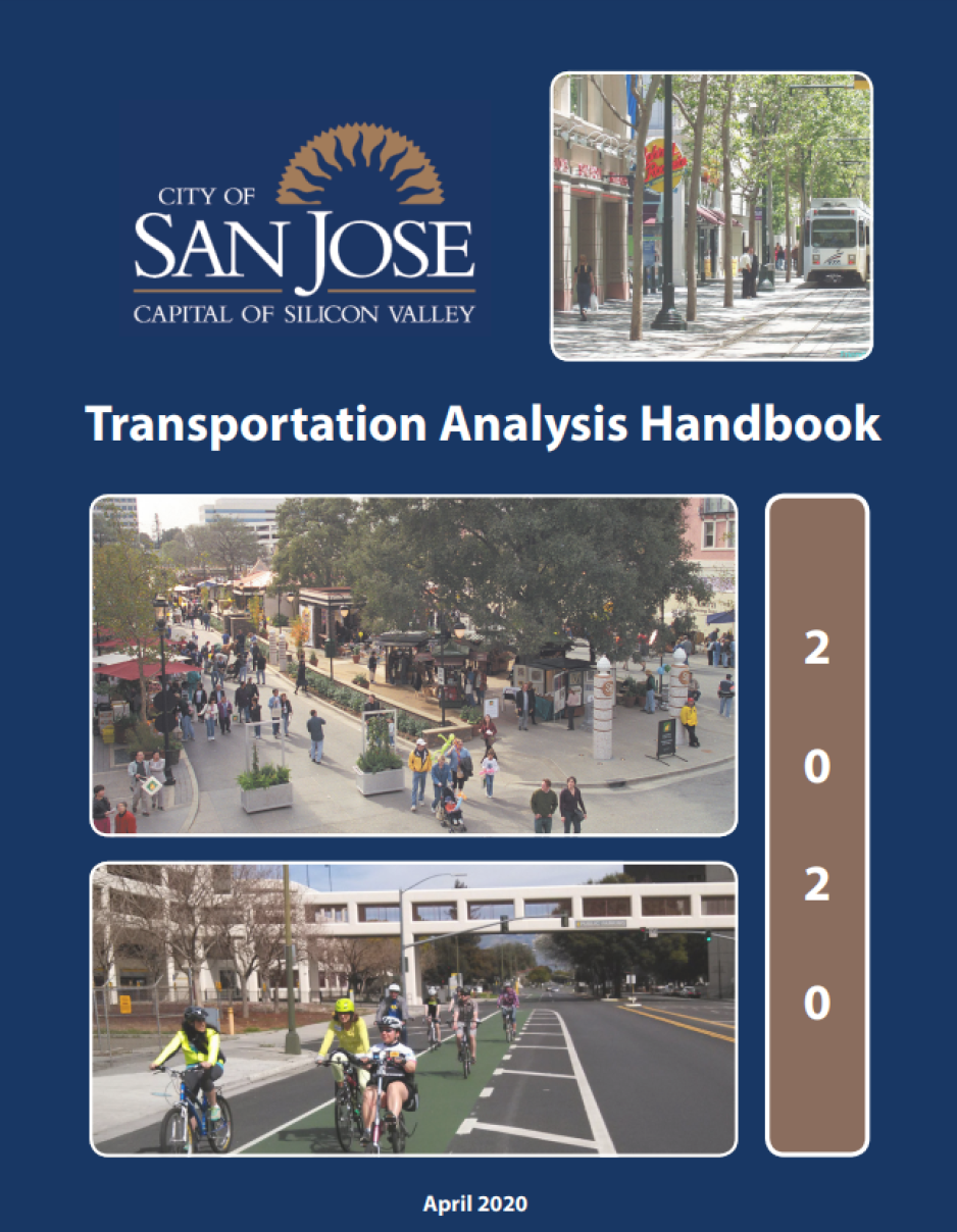 Graphic of the cover of the San José Transportation Analysis Handbook with a dark blue background, the city logo, and several photos of people walking, biking, or taking transit