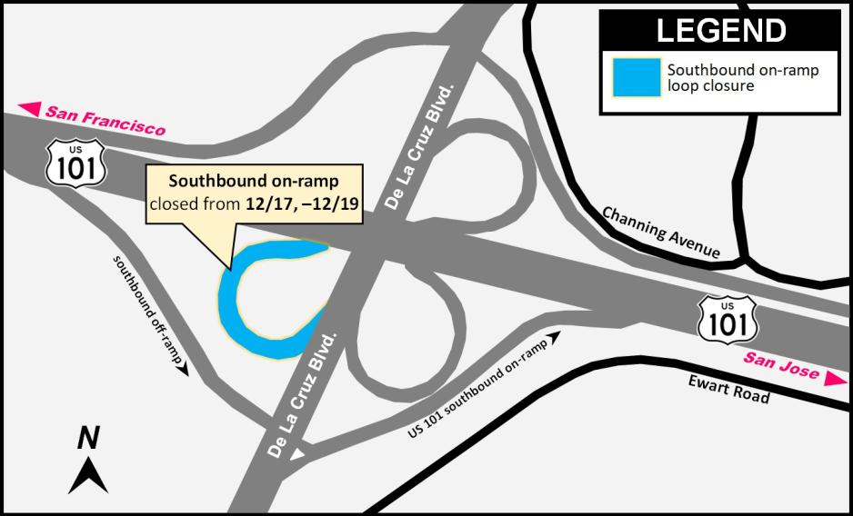 Weekend loop on-ramp closure toward southbound US-101 off De La Cruz Blvd. (December 17-19)
