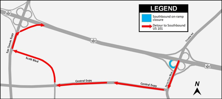 Detour from Southbound De La Cruz Blvd. to Southbound US-101