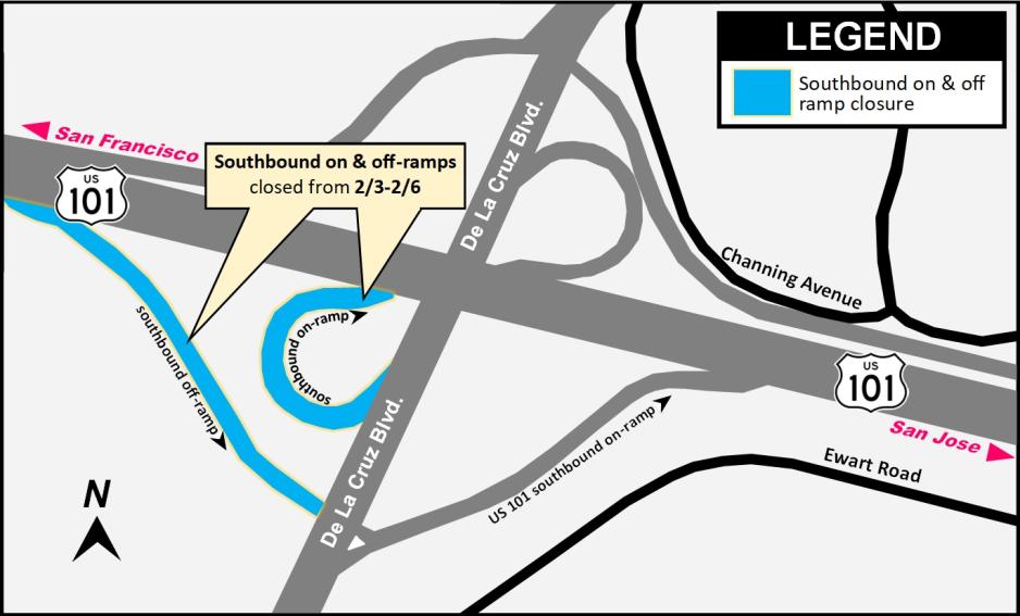 Weekend US 101/De La Cruz Blvd. Ramp Closures  (February 3-6)