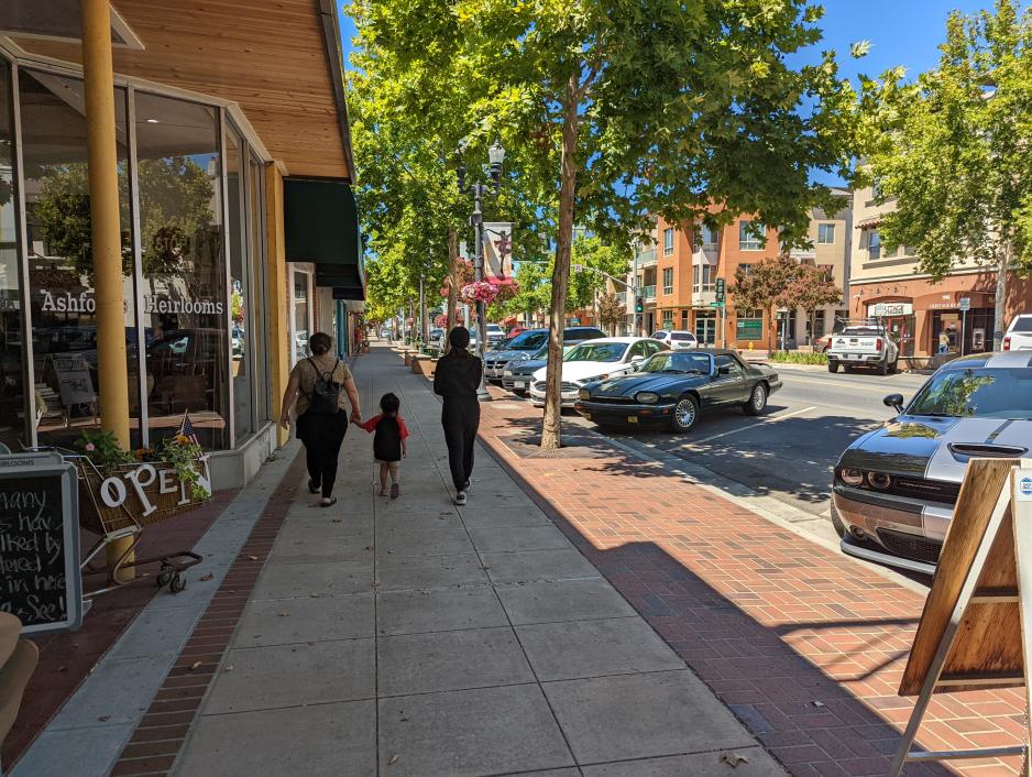 Photo of two people and a child walking on a sidewalk with a row of trees on one side and colorful buildings with awnings on the other