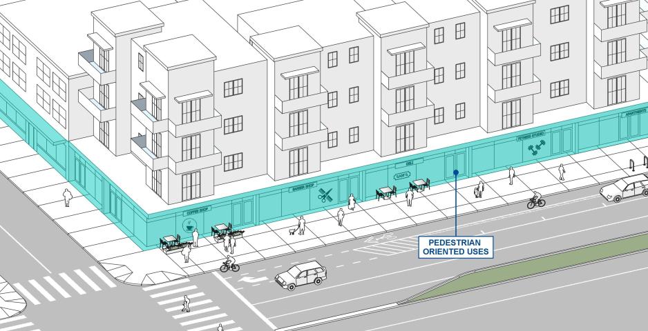Graphic of taller white buildings on an intersection corner with the bottom floor highlighted in blue with a callout