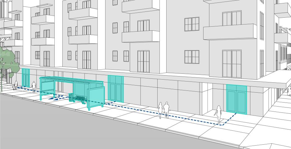 Graphic of white buildings with people walking on the sidewalk in front with building entrances and a bus stop highlighted in blue