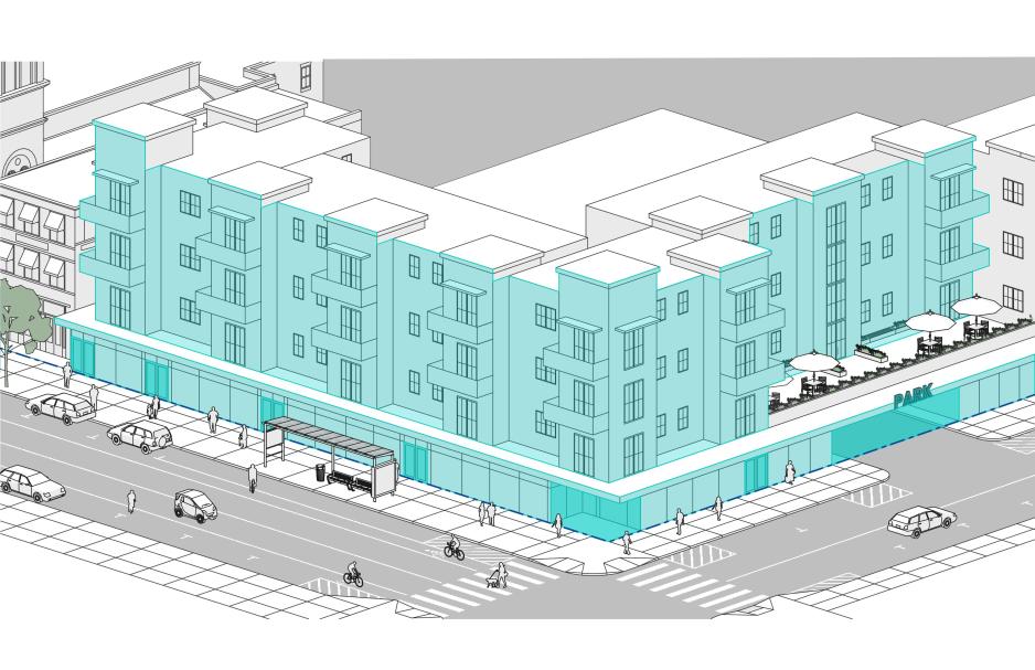 Graphic of taller white buildings on an intersection corner with the sides that face a street highlighted in blue