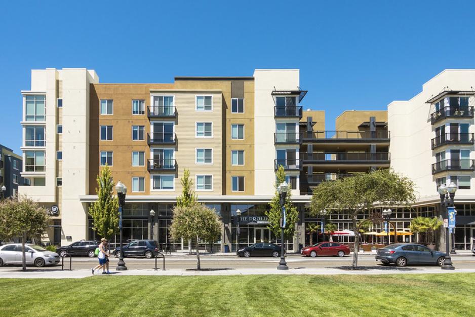 Photo taken from a park of an apartment complex with people walking and trees on both sides of the street between the park and the building