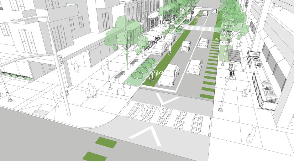 An illustration of a main street with crosswalk, seating amenities, bike lane and cafe seating. 