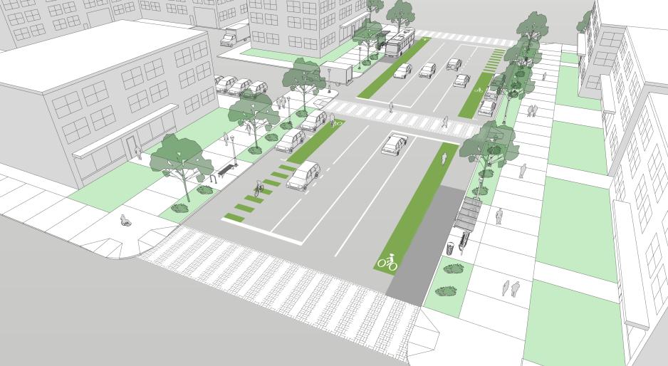 An illustration of a street with separated bike lanes, wide sidewalks, and other amenities.