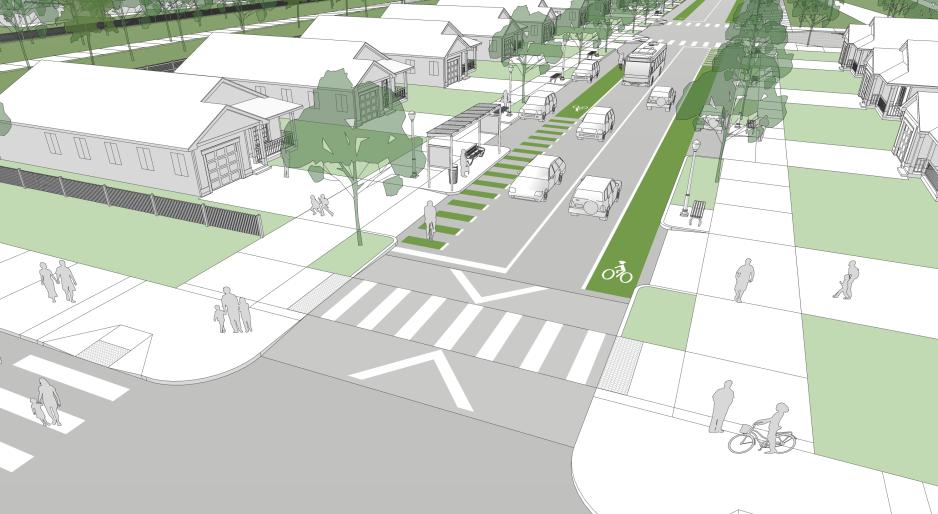 An illustration of a wide street with a separated bike lane, trees, and a wide sidewalk. 