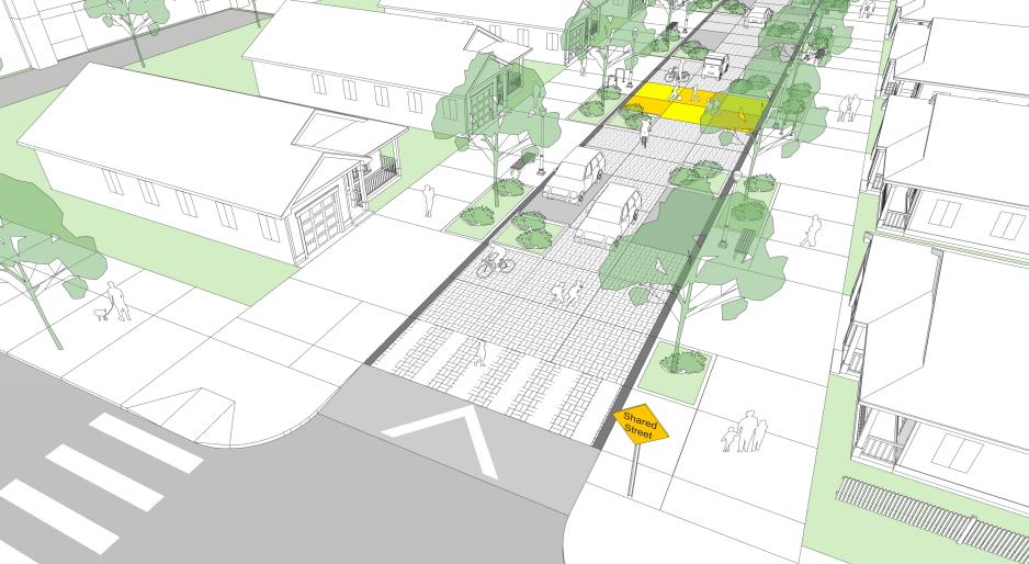 A graphic of street with cars, crosswalks, pedestrians, and cyclists. 