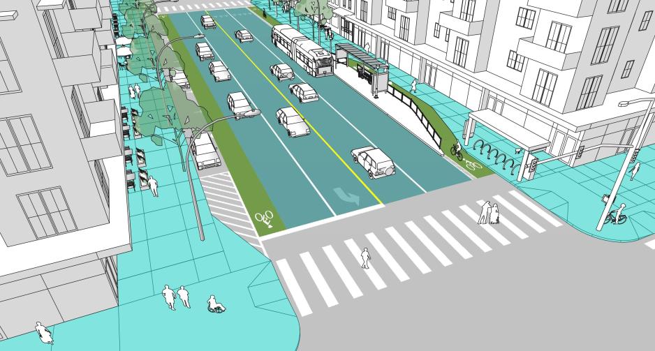 Graphic of a four-lane roadway shown in turquoise, bike lanes shown in green, and sidewalk shown in blue surrounded by white buildings. There is a bus leaving the bus stop shown in white