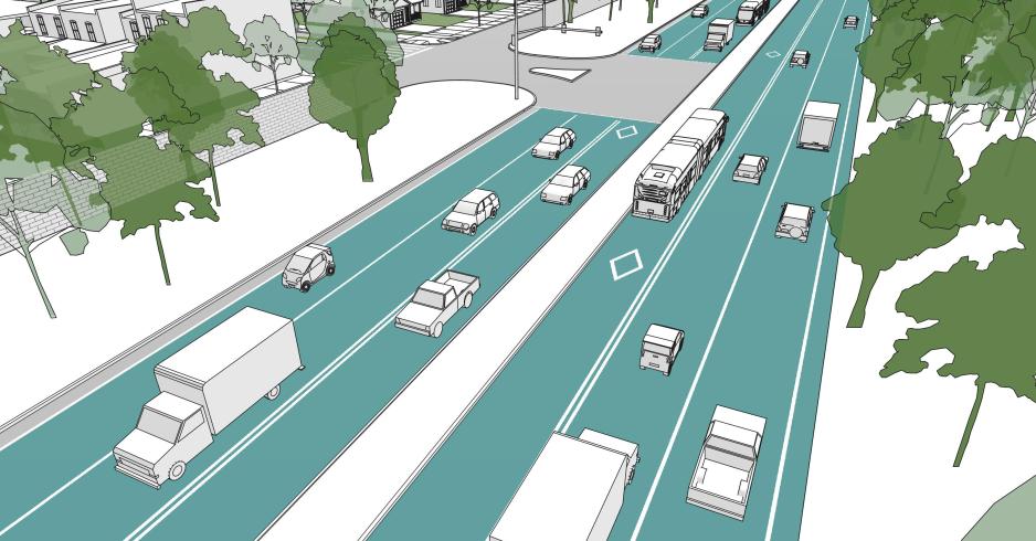 Graphic of a six-lane expressway with lanes shown in turquoise and white vehicles. Sidewalks, medians, and buildings are in white and trees are in green