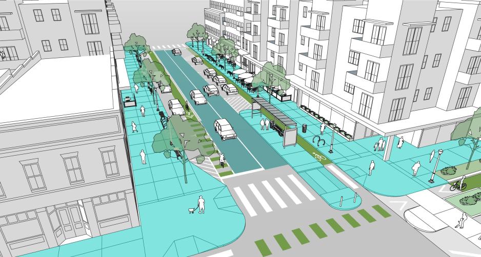 Graphic of a street with wide sidewalks shown in blue, landscaping and bike lanes shown in green, parking shown in grey, and vehicle lanes shown in turquoise surrounded by white buildings