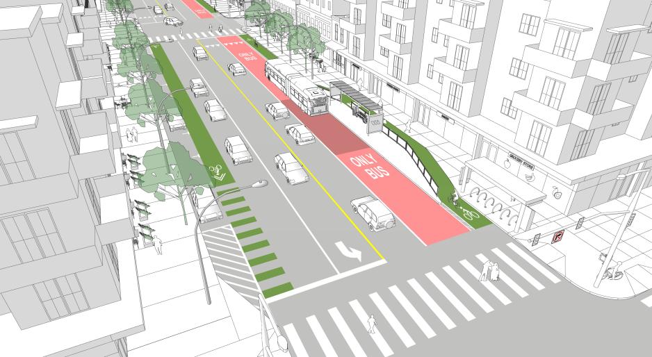 Diagram of a street showing a city street with a bus stop, bus lane, bikeway wrapping around the back of a bus stop, transit shelter, street trees, and other amenities.