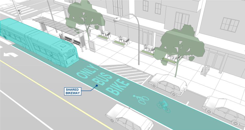 Diagram of a bus stop showing a shared bus-bike lane.