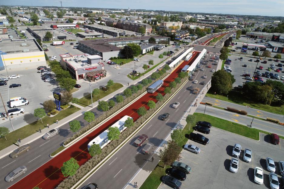Aerial view rendering of a suburban arterial with a center-running, two-way bus lane.
