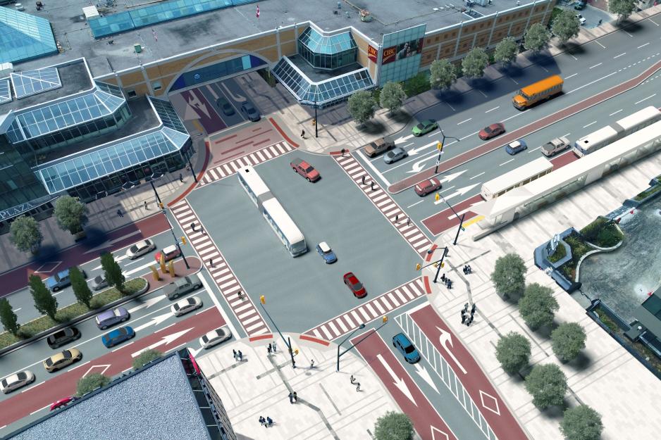 Photo rendering of an aerial view of a city intersection with high-visibility crosswalks, bus-only lanes, wide sidewalks, and bus stops located on the far side of the intersection.