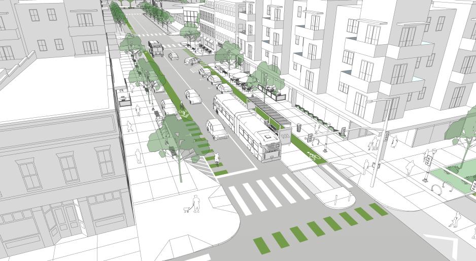 Diagram of a mixed use city street, showing wide sidewalks, transit amenities, bike lanes, short crossings, street trees.