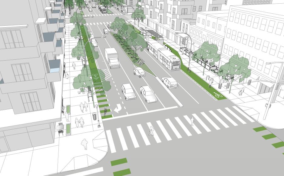 An illustration of a street with cars and a bus with a crosswalk, separated bike lane, and a wide sidewalk with trees.