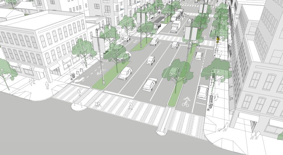 An illustration of a street separated bikeway and parking.