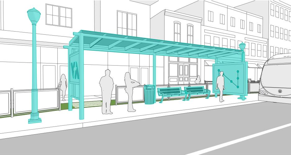 A graphic of a large bus shelter with seating, trash can, and schedule.
