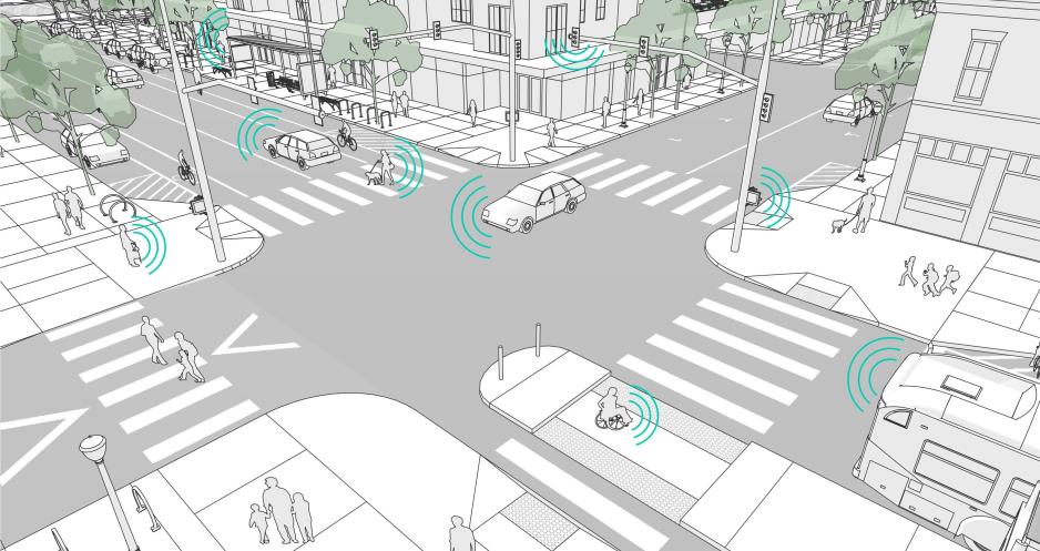 A graphic showing of a city block showing people, transit, and cars moving.