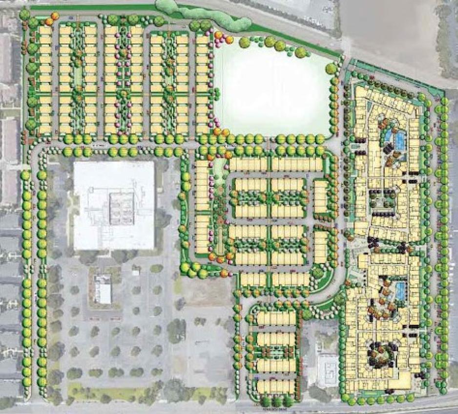 An illustration of a precise plan map, showing mixed-use development, open space, and residential zones.