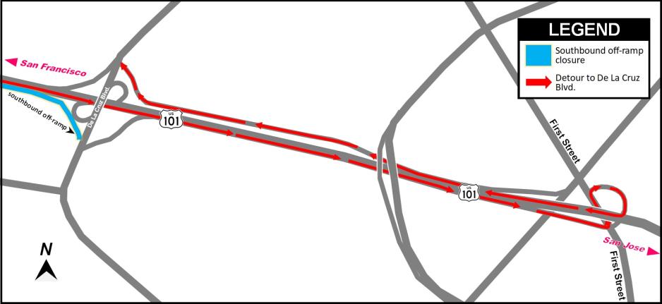 Detour from Southbound US-101 to De La Cruz Blvd.