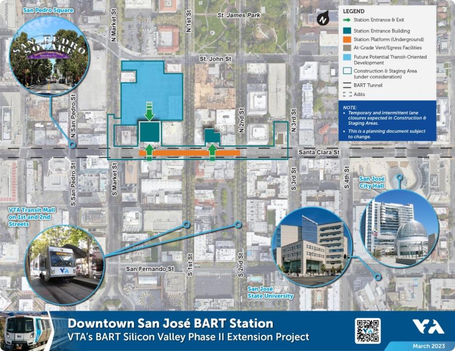 Map of VTA's Downtown San Jose BART Station. The primary station entrance building will be on the northside of Santa Clara Street between Market and 1st Streets. The secondary station entrance building will be between 1st and 2nd Streets. An emergency egress and ventilation facility will be at the northwest corner of 3rd and Santa Clara Streets. Platforms will be underground, and future potential transit-oriented development may be built within the construction staging area. 