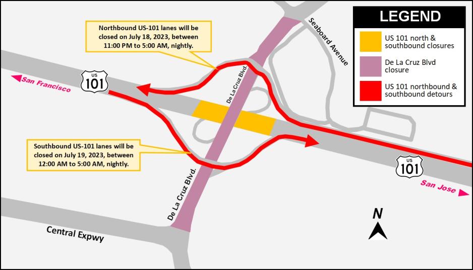 Nightly US-101 Highway & De La Cruz Blvd on & off-ramp closures on 7/18 & 7/19.