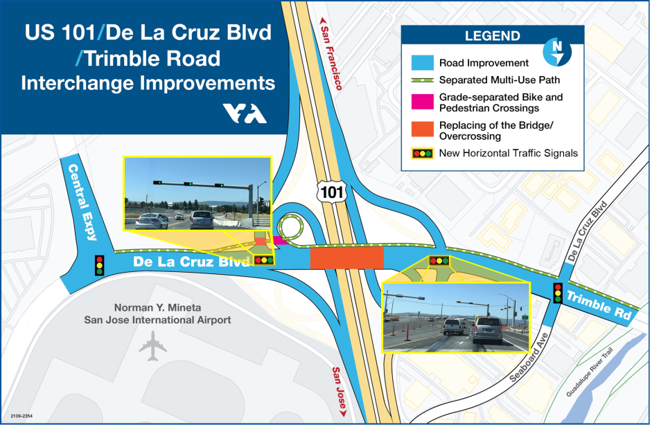 Location of horizantal traffic lights at De la Cruz Blvd.